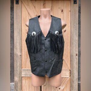 Vintage Unik Mens Black Leather Fringe Concho Biker Motorcycle Vest~XXL~